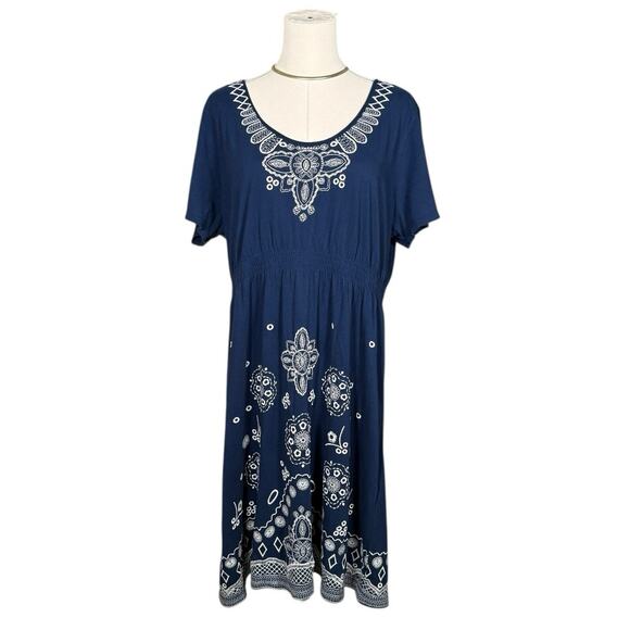 JW Los Angeles Blue Embroidered Cotton Boho Dress | Short Sleeve Tunic | XL - Picture 2 of 10